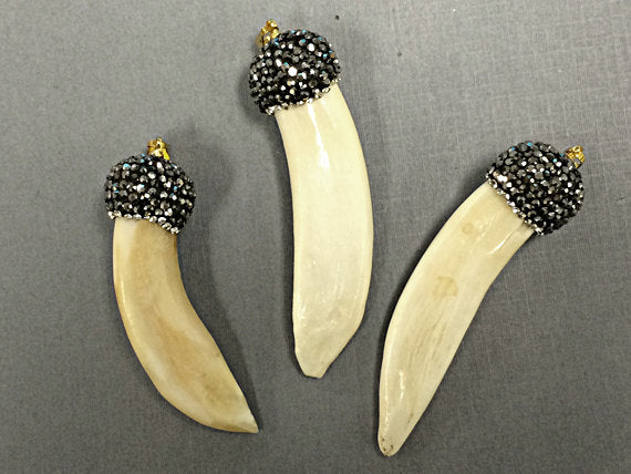 Pave Black Diamond Rhinestone Capped Shell Tibet Horn Tusk Pendant Cream 2.50" 65mm x 19mm - AP403 - BeadPrism
