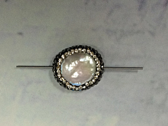Freshwater Pearl Druzy Connector Bead, Crystal Rhonestone Focal Bead 19mm approx, 0.9mm Hole - AP405 - BeadPrism
