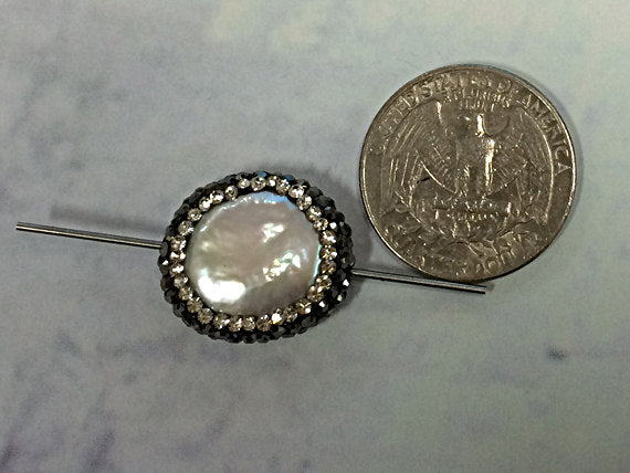 Freshwater Pearl Druzy Connector Bead, Crystal Rhonestone Focal Bead 19mm approx, 0.9mm Hole - AP405 - BeadPrism
