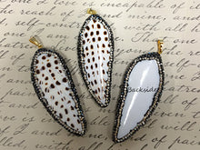 Load image into Gallery viewer, CZ Encrusted Carved Feather Shell Pendant 2.5 inch, 24mm x 63mm, Feather Pendants = AP404 - BeadPrism