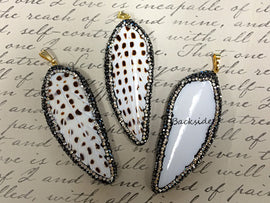 CZ Encrusted Carved Feather Shell Pendant 2.5 inch, 24mm x 63mm, Feather Pendants = AP404 - BeadPrism