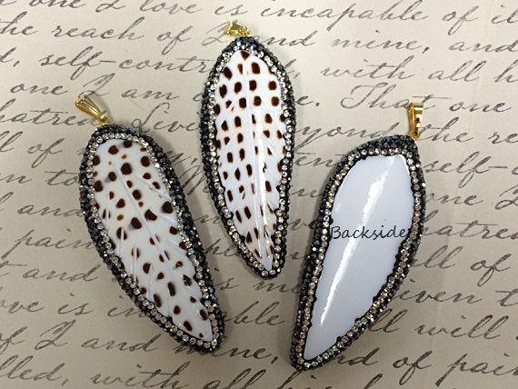 CZ Encrusted Carved Feather Shell Pendant 2.5 inch, 24mm x 63mm, Feather Pendants = AP404 - BeadPrism