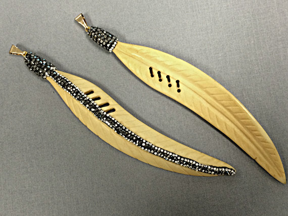 Extra Large 4" Bone feather Encrusted AAA crystal Pave Rhinestone, Carved Pendant 17 x 110mm - AP402 - BeadPrism