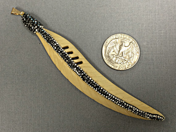 Extra Large 4" Bone feather Encrusted AAA crystal Pave Rhinestone, Carved Pendant 17 x 110mm - AP402 - BeadPrism