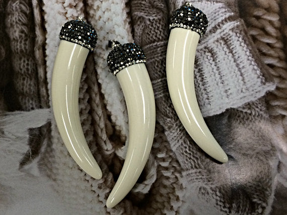 Pave Black Diamond Rhinestone Capped Bone Horn Tusk Pendant Cream 3.25" 81x19mm Tibet Horn - AP406 - BeadPrism