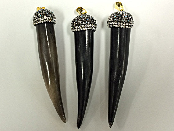 Pave Black Diamond Rhinestone Capped Horn Tusk Pendant Cream 3"  76mm x 16mm, Tibet Horn - AP407 - BeadPrism