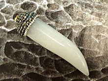 Load image into Gallery viewer, Pave Black Diamond Rhinestone Capped Agate Horn Tusk Pendant Cream 2.25" 58x19mm Tibet Horn - AP408 - BeadPrism