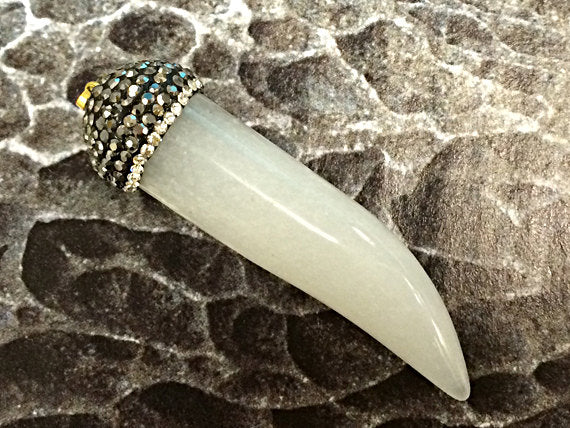 Pave Black Diamond Rhinestone Capped Agate Horn Tusk Pendant Cream 2.25" 58x19mm Tibet Horn - AP408 - BeadPrism