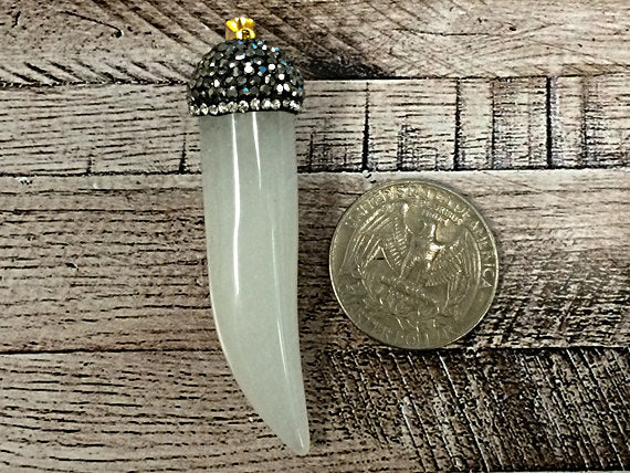 Pave Black Diamond Rhinestone Capped Agate Horn Tusk Pendant Cream 2.25" 58x19mm Tibet Horn - AP408 - BeadPrism