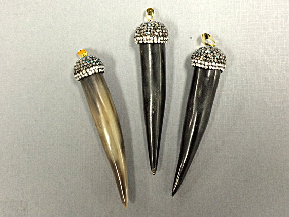 Pave Black Diamond Rhinestone Capped Horn Tusk Pendant Cream 3"  76mm x 16mm, Tibet Horn - AP407 - BeadPrism