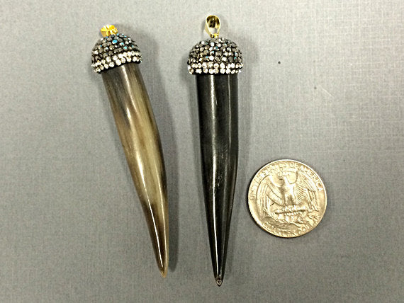 Pave Black Diamond Rhinestone Capped Horn Tusk Pendant Cream 3"  76mm x 16mm, Tibet Horn - AP407 - BeadPrism