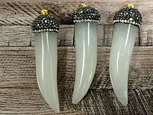 Load image into Gallery viewer, Pave Black Diamond Rhinestone Capped Agate Horn Tusk Pendant Cream 2.25" 58x19mm Tibet Horn - AP408 - BeadPrism