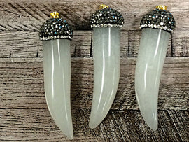 Pave Black Diamond Rhinestone Capped Agate Horn Tusk Pendant Cream 2.25
