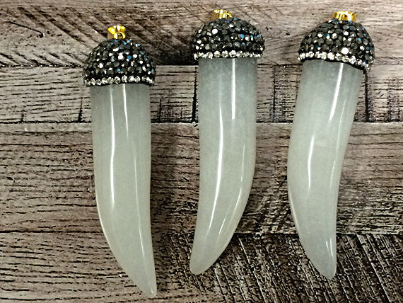 Pave Black Diamond Rhinestone Capped Agate Horn Tusk Pendant Cream 2.25" 58x19mm Tibet Horn - AP408 - BeadPrism