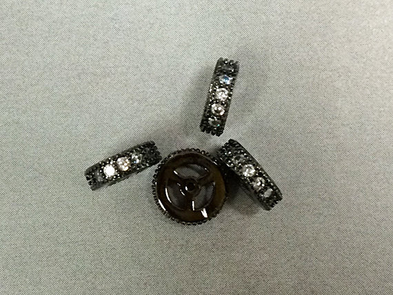 10mm Micro Pave Rondelle Wheel Spacers, crystal Cubic Zirconia Gun Metal, 0.8mm Hole - BMP10RDL-GM - BeadPrism