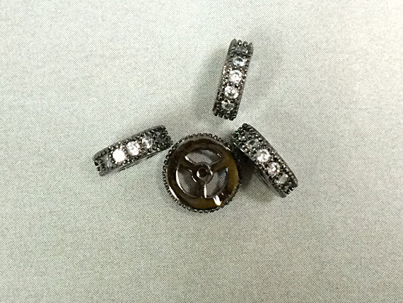 10mm Micro Pave Rondelle Wheel Spacers, crystal Cubic Zirconia Gun Metal, 0.8mm Hole - BMP10RDL-GM - BeadPrism