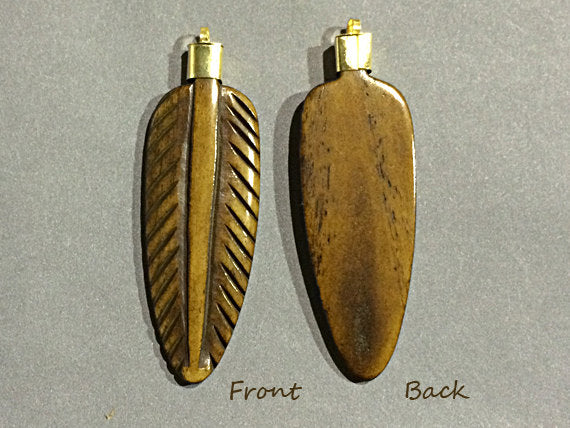 Carved Bone Feather Pendant with Gold Cap 2.7 inch,  68 mm x 20 mm, Brown feather Pendant - AP421 - BeadPrism