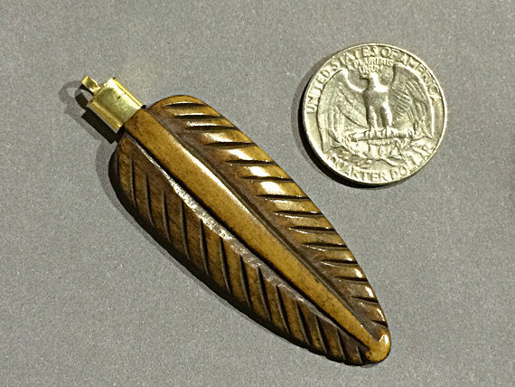 Carved Bone Feather Pendant with Gold Cap 2.7 inch,  68 mm x 20 mm, Brown feather Pendant - AP421 - BeadPrism