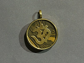 Tibetan Turquoise Om Ohm Pendant, Brass and Tigereye Inlay Yoga Pendant, Gold Ohm Om Pendant - AP424 - BeadPrism