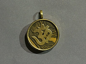 Tibetan Turquoise Om Ohm Pendant, Brass and Tigereye Inlay Yoga Pendant, Gold Ohm Om Pendant - AP424 - BeadPrism