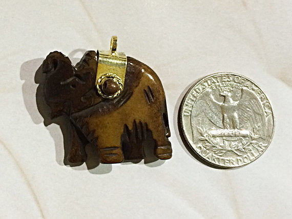 Elephant Pendant Tibetan Carved Bone with Brass Cap, Double Sided 1.22", 31mmx 30mm - AP422G - BeadPrism
