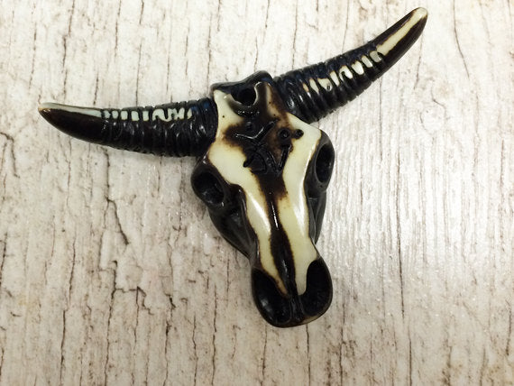 Longhorn Bull Skull Pendant, Cattle Head Pendant, Western Pendants, Boho Pendants 2" approx - AP447 - BeadPrism