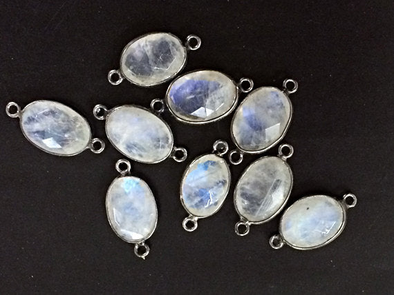 Bezel Link Connector Natural Rainbow Moonstone Faceted 2 sides 11x21mm, Stone 11x14mm Gunmetal 1 Pc - BeadPrism