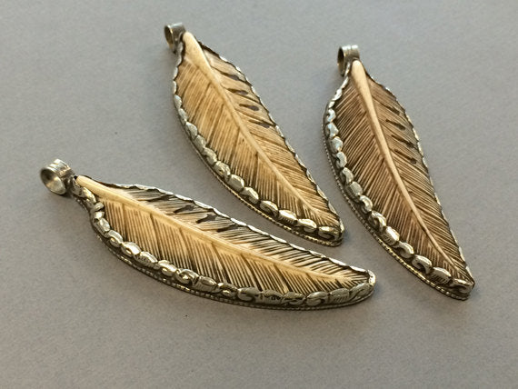 Carved Antique Bone Feather Pendant Nepal Large 3.5" Silver framed and backed Repousse work - AP452S - BeadPrism