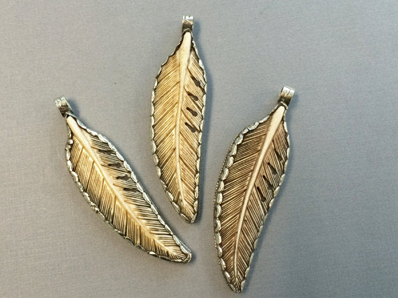 Carved Antique Bone Feather Pendant Nepal Large 3.5" Silver framed and backed Repousse work - AP452S - BeadPrism