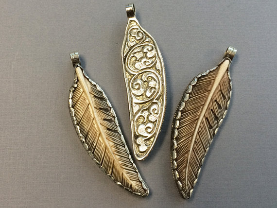 Carved Antique Bone Feather Pendant Nepal Large 3.5" Silver framed and backed Repousse work - AP452S - BeadPrism