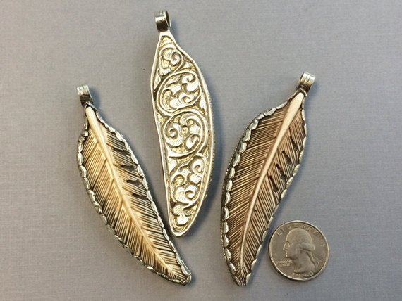 Carved Antique Bone Feather Pendant Nepal Large 3.5" Silver framed and backed Repousse work - AP452S - BeadPrism