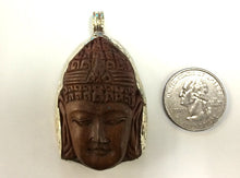Load image into Gallery viewer, Nepalese carved Wood Buddha Pendant set in white Metal Bezel,  2.3" - AP455 - BeadPrism