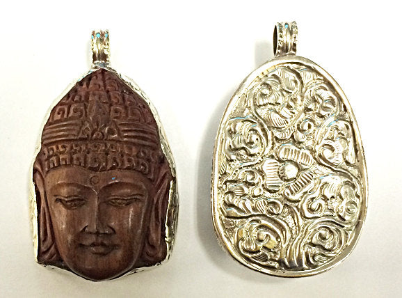 Nepalese carved Wood Buddha Pendant set in white Metal Bezel,  2.3" - AP455 - BeadPrism