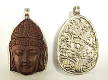 Load image into Gallery viewer, Nepalese carved Wood Buddha Pendant set in white Metal Bezel,  2.3" - AP455 - BeadPrism