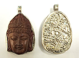 Nepalese carved Wood Buddha Pendant set in white Metal Bezel,  2.3