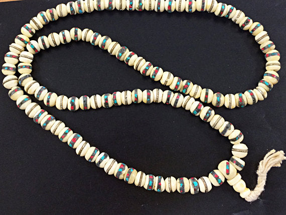 8mm Nepal Mala, Tibetan white bone prayer beads, Buddhist 108 Beads, white Red Turquoise - Mala583 - BeadPrism