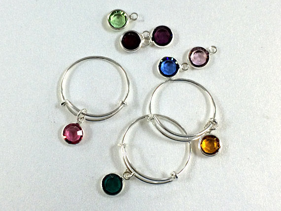Expandable Wire Ring Adjustable .925 Sterling Silver 18 gauge 2.4" Swarovski Birthstone Charm - SRF2 - BeadPrism