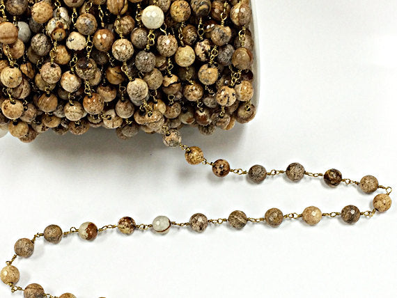 10 Feet 8mm Picture Jasper Faceted Round Gemstone Chain By foot, Antique Gold Wire - CH230-10 - BeadPrism