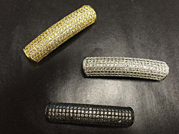 Pave Connector Bar CZ Silver, Rhodium Curved Tube, Diamond Look 1.5" 36mm x 8mm, 5mm Hole - BMPCB-RD - BeadPrism