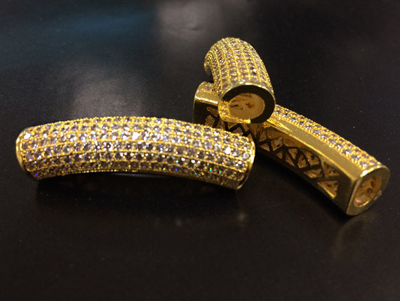 Pave Connector Bar 36 x 8mm CZ Cubic Zirconia 1.5" Gold Curved Tube Diamond Look 5mm Hole - BMPCB-GD - BeadPrism