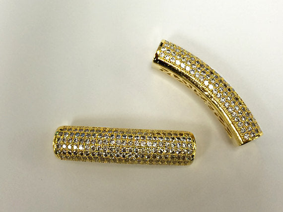 Pave Connector Bar 36 x 8mm CZ Cubic Zirconia 1.5" Gold Curved Tube Diamond Look 5mm Hole - BMPCB-GD - BeadPrism