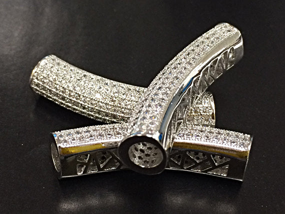 Pave Connector Bar CZ Silver, Rhodium Curved Tube, Diamond Look 1.5" 36mm x 8mm, 5mm Hole - BMPCB-RD - BeadPrism