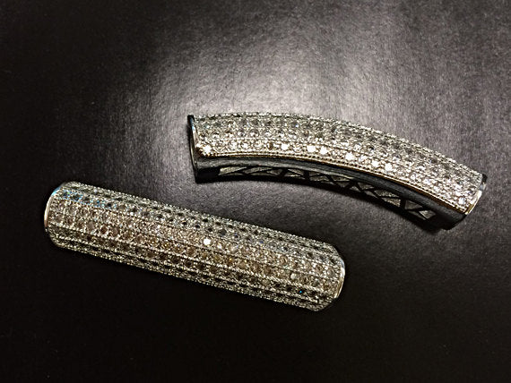 Pave Connector Bar CZ Silver, Rhodium Curved Tube, Diamond Look 1.5" 36mm x 8mm, 5mm Hole - BMPCB-RD - BeadPrism