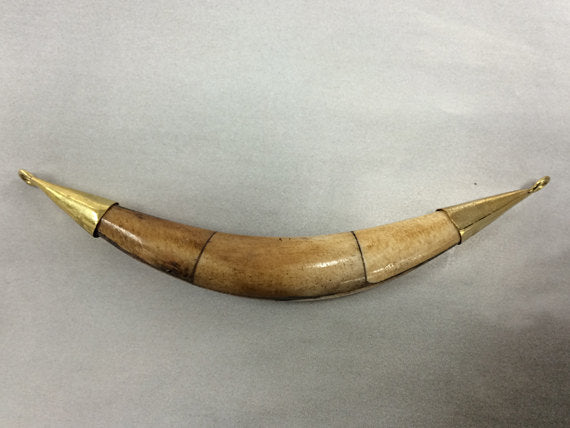 Real Bone Tusk Pendant Double capped w/ 2 sideway loop antiqued brown gold Hand made 5.5" - TP152-AG - BeadPrism