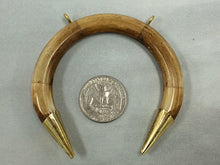 Load image into Gallery viewer, Real Bone Crescent moon Pendant, 3" Double tusk, 2 loops, Gold Capped, Antiqued brown - TP151-AG - BeadPrism
