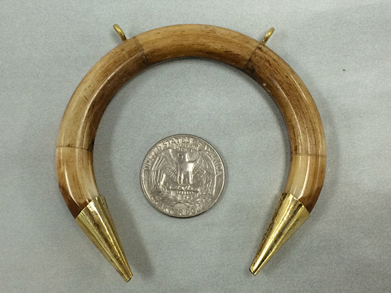 Real Bone Crescent moon Pendant, 3" Double tusk, 2 loops, Gold Capped, Antiqued brown - TP151-AG - BeadPrism