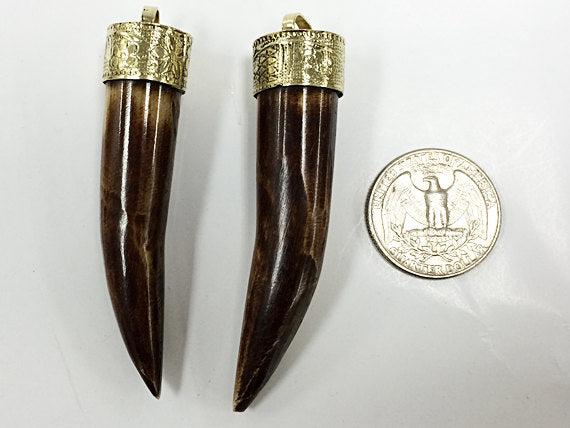 Horn Tusk tooth Tibetan Pendant with Antique Brass Cap Tan 2- 2.5 Inch,  Choose Quantity - AP154 - BeadPrism