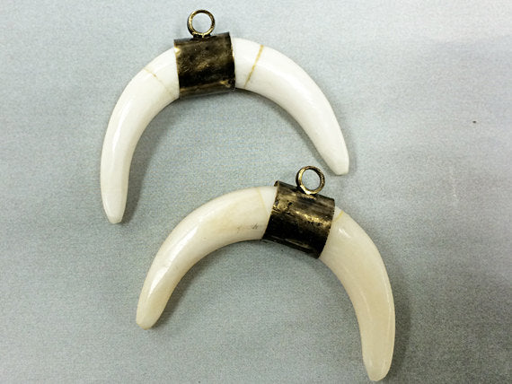 1 Pc Real Bone Carved Crescent moon Pendant 2" Double tusk Antique Gold, White, Ivory - TP155-WG - BeadPrism