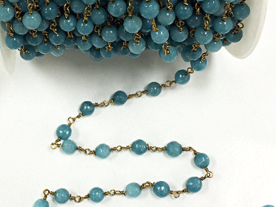 6mm Blue Jade Wire Wrapped Chain, 6mm faceted Round Blue Jade Gemstone Beads, Chain by Foot - CHGS21 - BeadPrism