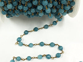 6mm Blue Jade Wire Wrapped Chain, 6mm faceted Round Blue Jade Gemstone Beads, Chain by Foot - CHGS21 - BeadPrism